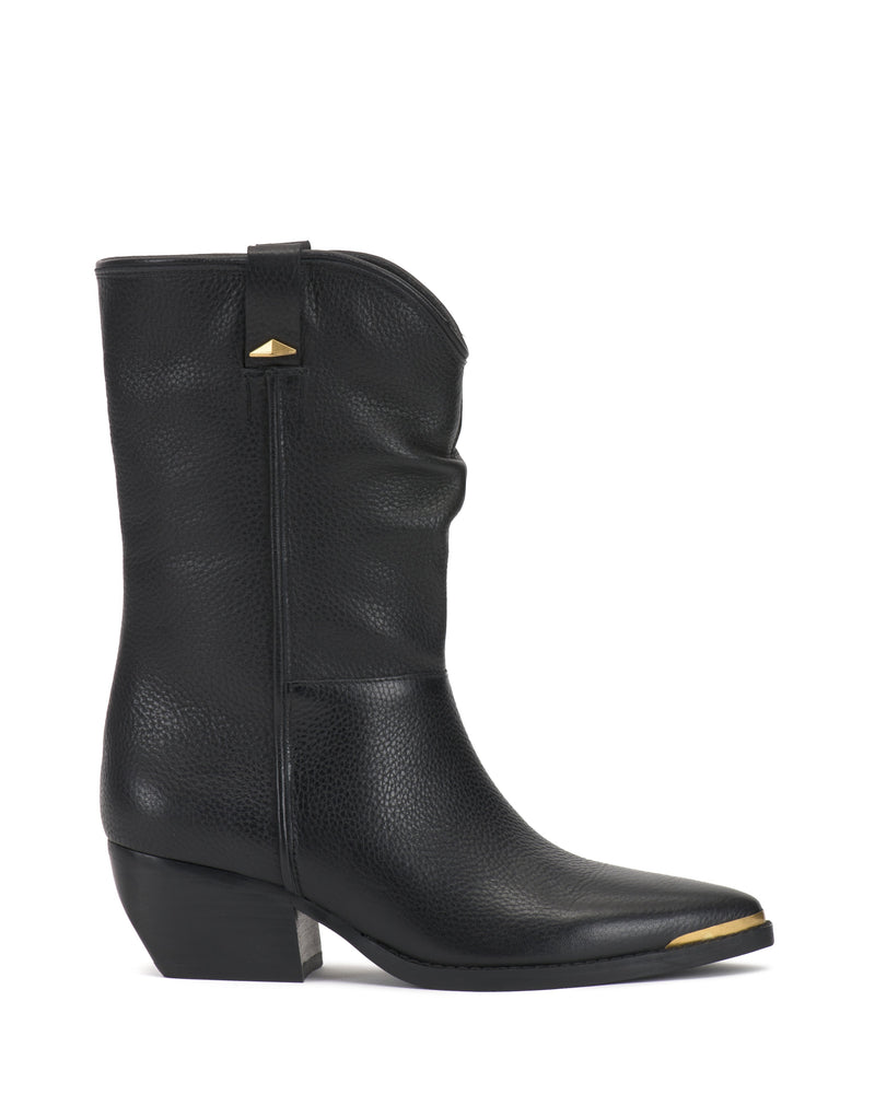 The Pezzra Western Bootie by Vince Camuto features black leather, a chunky angled heel, slouchy mid-calf design, a gold metal pull tab accent, and gold-toned pointed toe details for added flair.