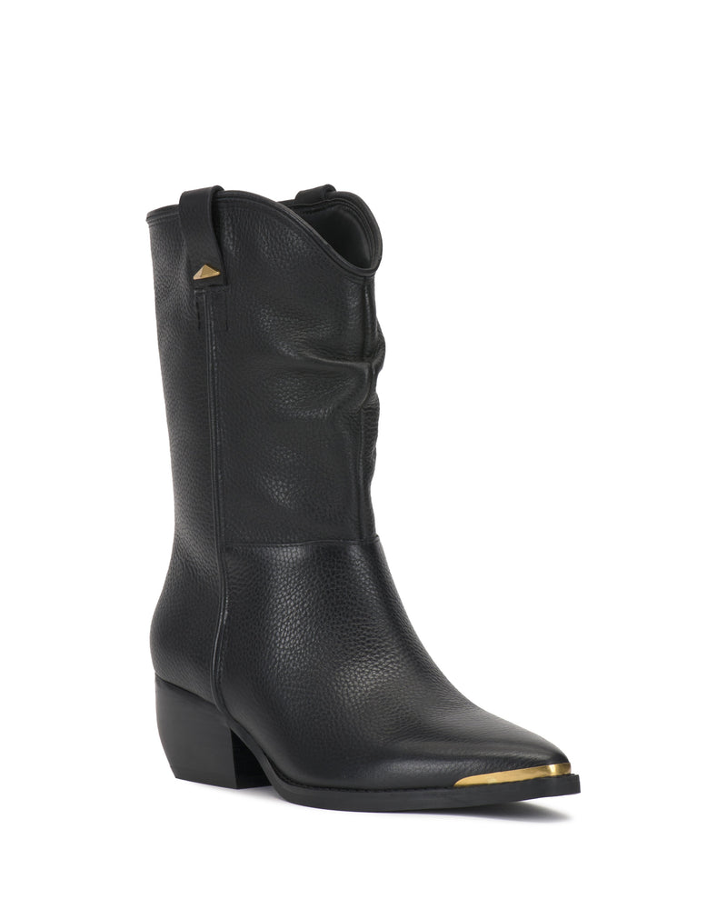 The Vince Camuto Pezzra Western Bootie is a black leather mid-calf boot with a pointed toe, gold-toned accents, low block heel, and decorative pull straps.