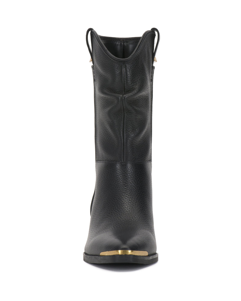 The Vince Camuto Pezzra Western Bootie features black textured leather, a slouchy silhouette, and a gold-toned toe accent, shown from the front against a white background.