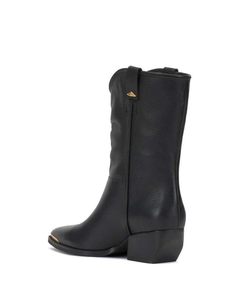 The Vince Camuto Pezzra Western Bootie is a black mid-calf leather boot with a pointed toe, side zipper, pull tabs, low stacked heel, and gold-toned toe accents. Shown angled on a white background.