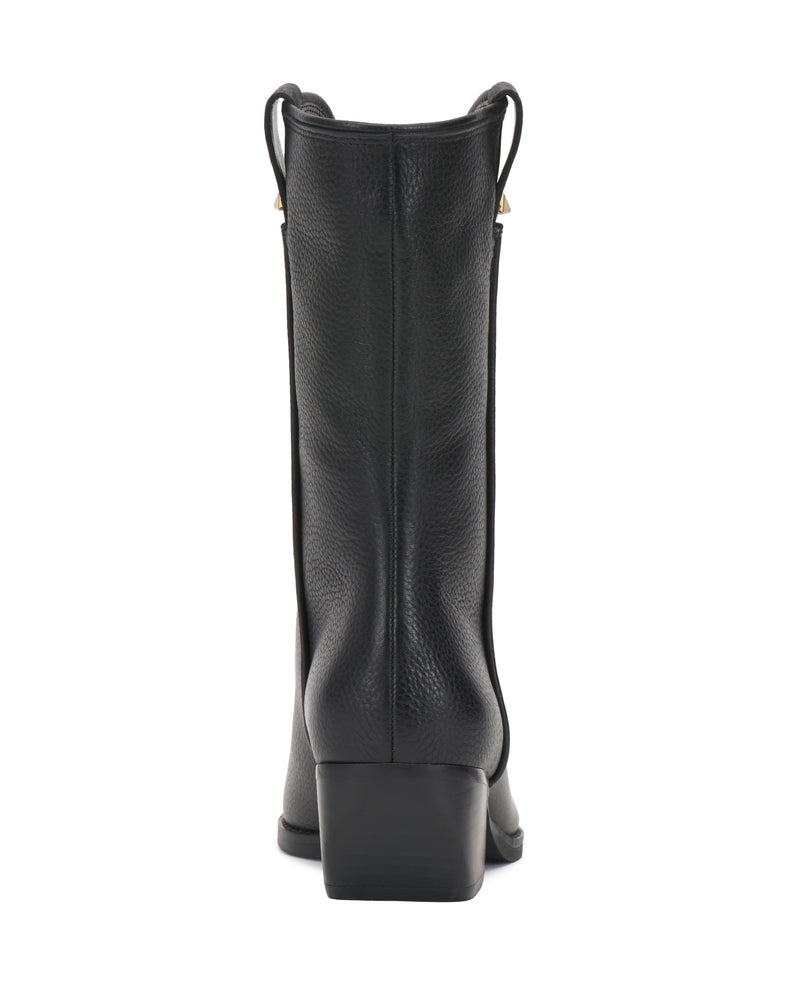 The Pezzra Western Bootie by Vince Camuto is shown from the back, highlighting its textured black leather, vertical seam, slight heel, slouchy shape, and dual pull tabs at the top.