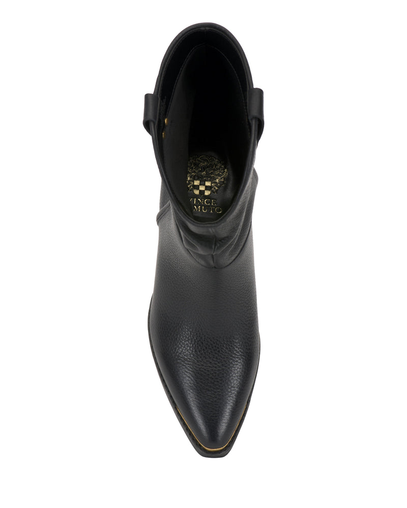 Top-down view of the Pezzra Western Bootie by Vince Camuto, a black leather pointed-toe ankle boot with textured detail, gold-toned accents, and a gold logo on the insole, set against a white background.