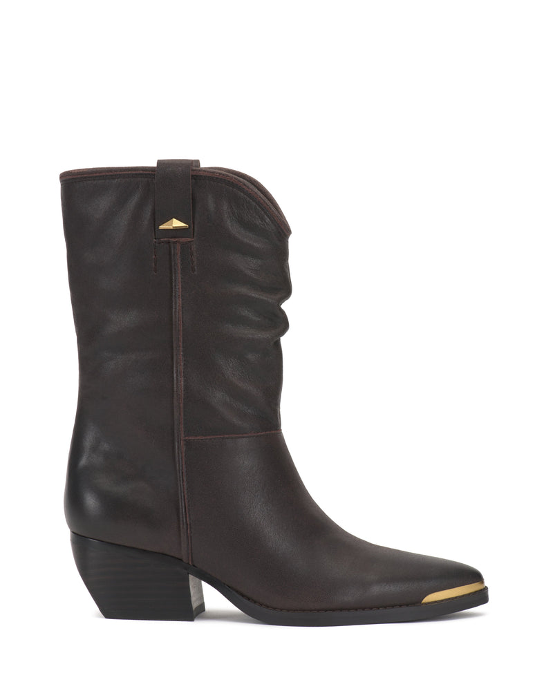 The Vince Camuto Pezzra Western Bootie is shown in profile on a white background, featuring dark brown leather, a slouchy design, pointed toe, mid-height angled heel, and gold-toned accents on the toe and pull tab.