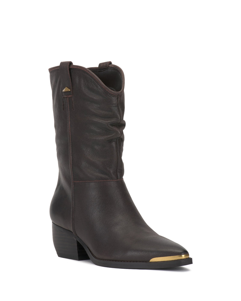 The Vince Camuto Pezzra Western Bootie features dark brown leather, a slouchy silhouette, mid-height block heel, pointed toe, gold-toned accents, and subtle stitching—shown here photographed on a white background.