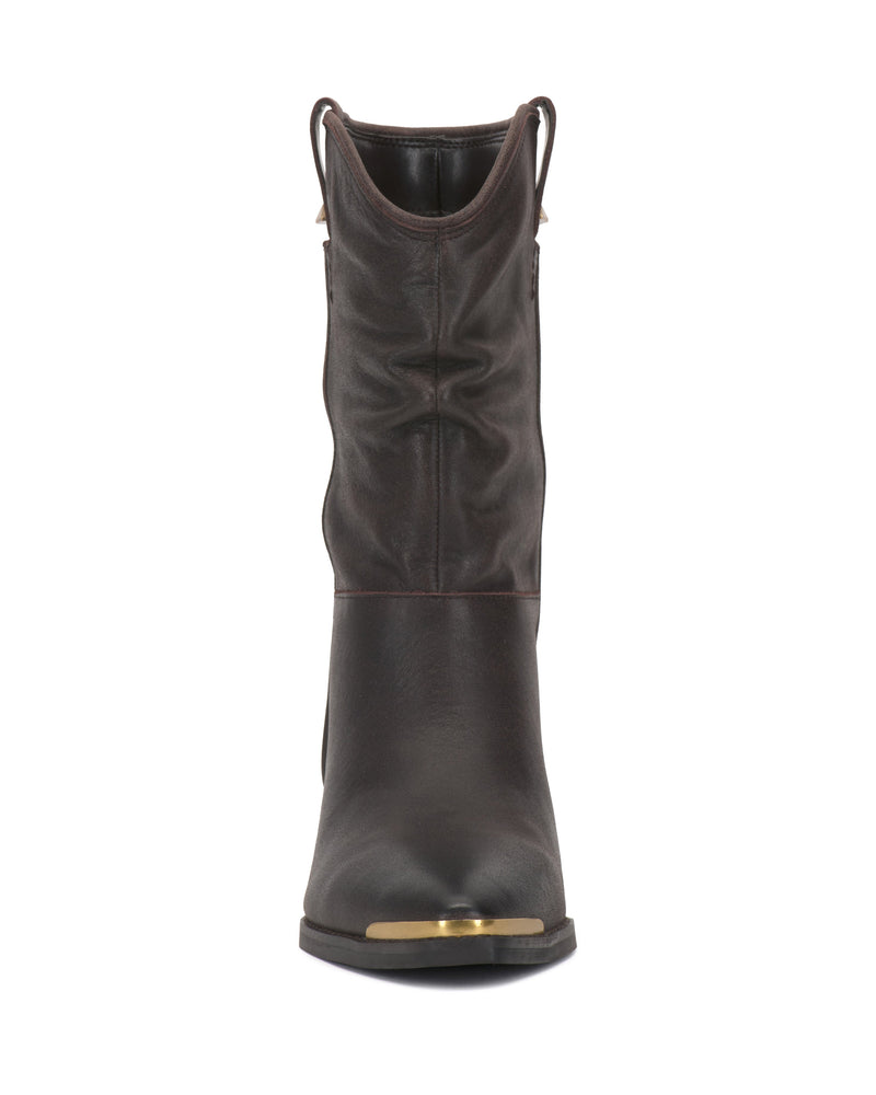 The Vince Camuto Pezzra Western Bootie is shown from the front in dark brown leather, featuring a slightly slouchy shaft and gold-toned toe accents.