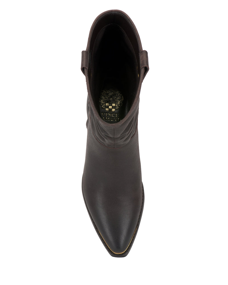 Top view of the Vince Camuto Pezzra Western Bootie in dark brown leather, featuring a slightly wrinkled, slouchy design and side pull tabs, shown on a white background.