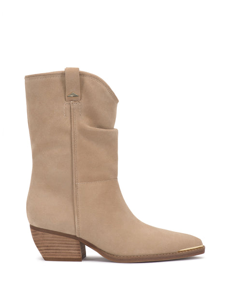 The Pezzra Western Bootie by Vince Camuto features tan suede, a mid-calf design, stacked wooden heel, pointed toe, pull tab, gold-toned toe accents, and visible stitching for classic western style.