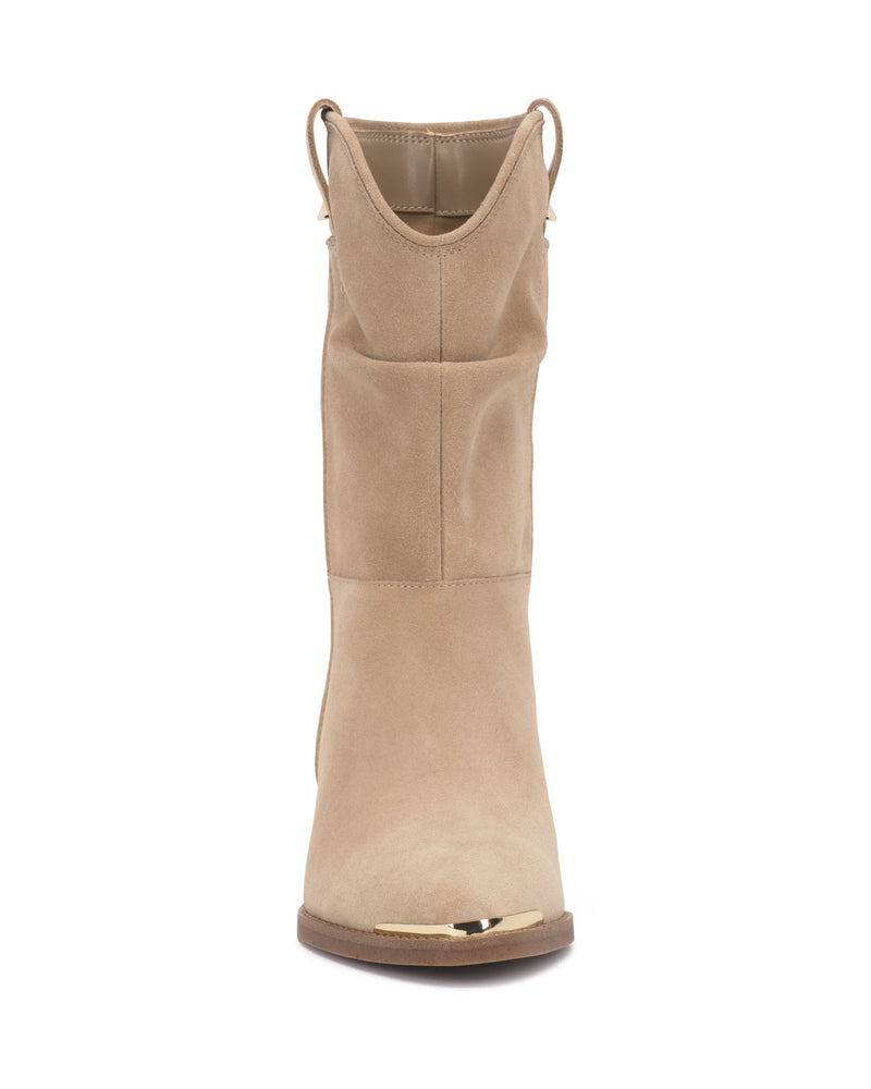 The Vince Camuto Pezzra Western Bootie features tan suede, a slouchy front, rounded toe, dual pull tabs, and a gold-toned toe accent.