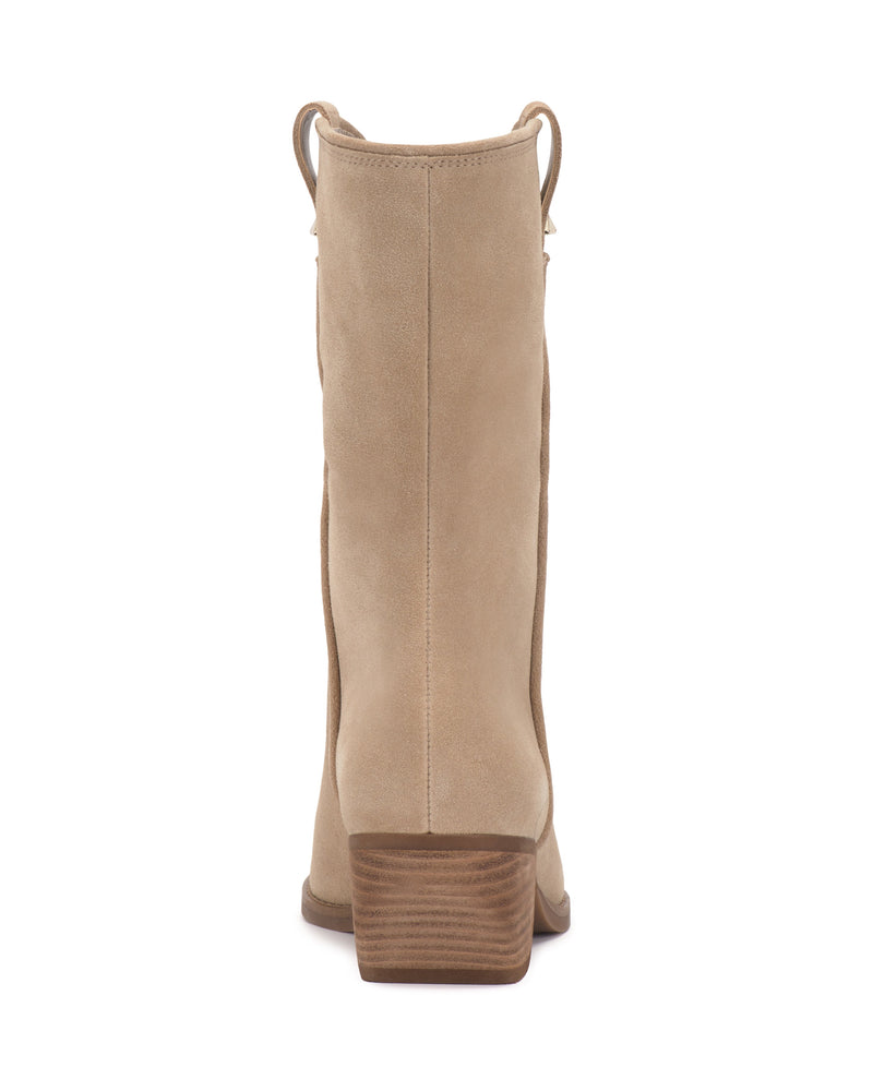 Back view of the Vince Camuto Pezzra Western Bootie in tan suede, showcasing a stacked block heel, slouchy design, and dual side pull tabs.