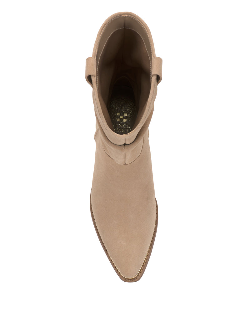 Top view of the Vince Camuto Pezzra Western Bootie in beige suede, featuring a pointed toe, slouchy design, and visible sole stitching.