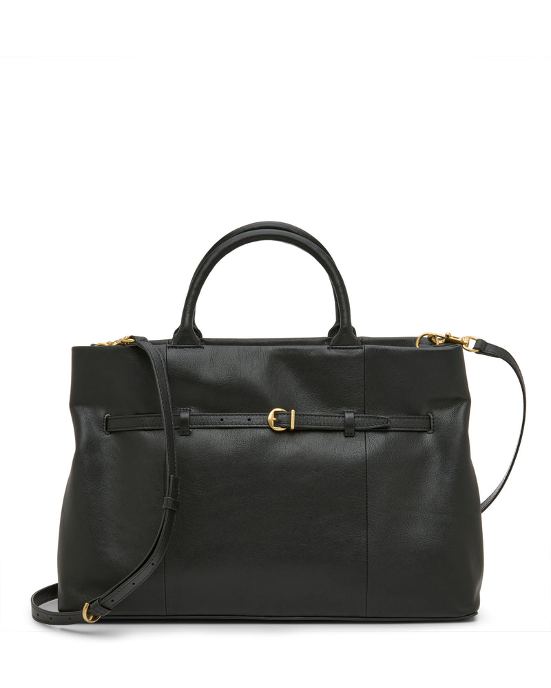 The Rilah Satchel Bag by Vince Camuto is a black leather handbag with gold hardware, a top handle, a detachable shoulder strap, and a slim belt detail on the front.