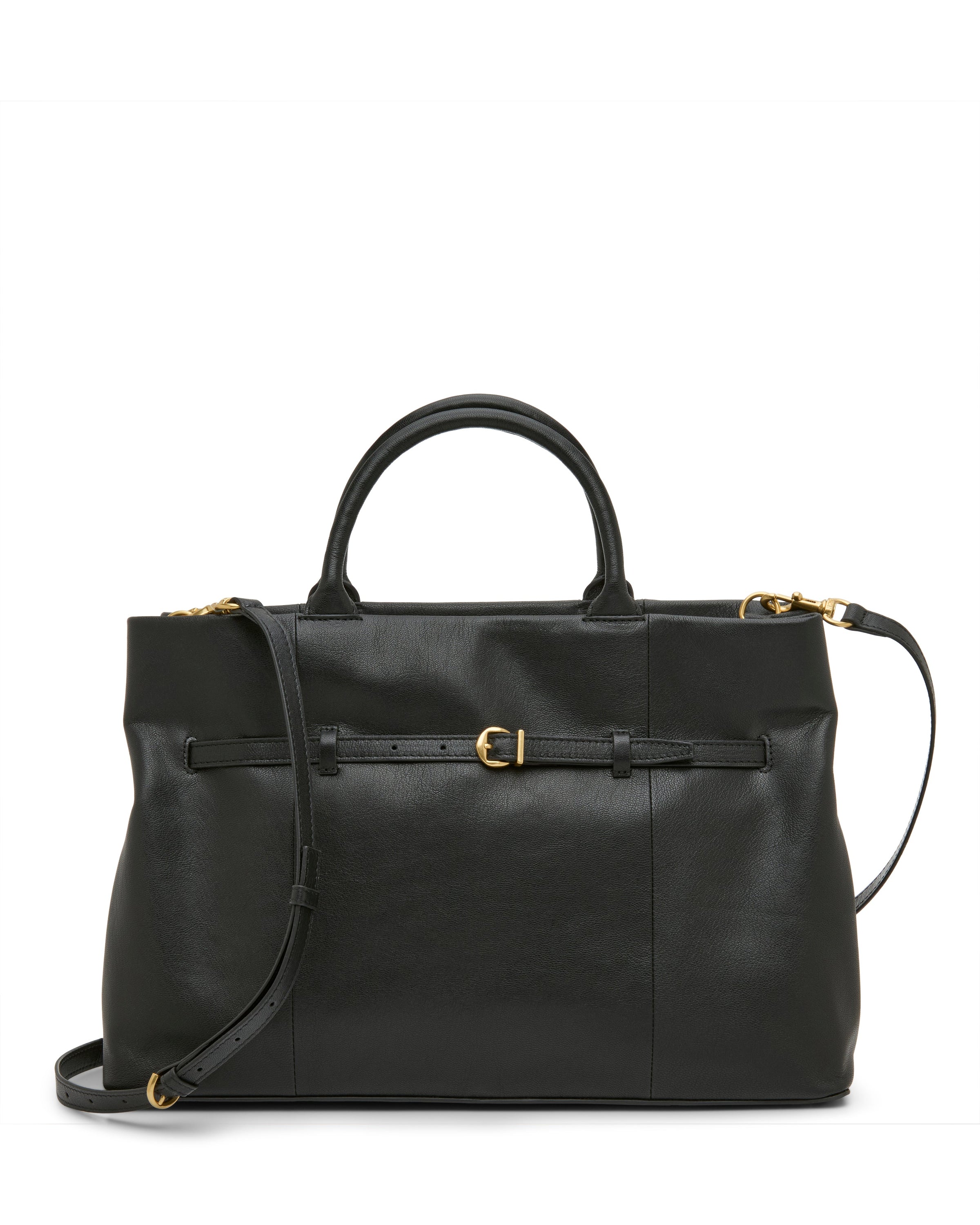 The Vince Camuto Rilah Satchel Bag is a black leather handbag featuring two short handles, a long adjustable shoulder strap, and gold-tone hardware with a front buckle.