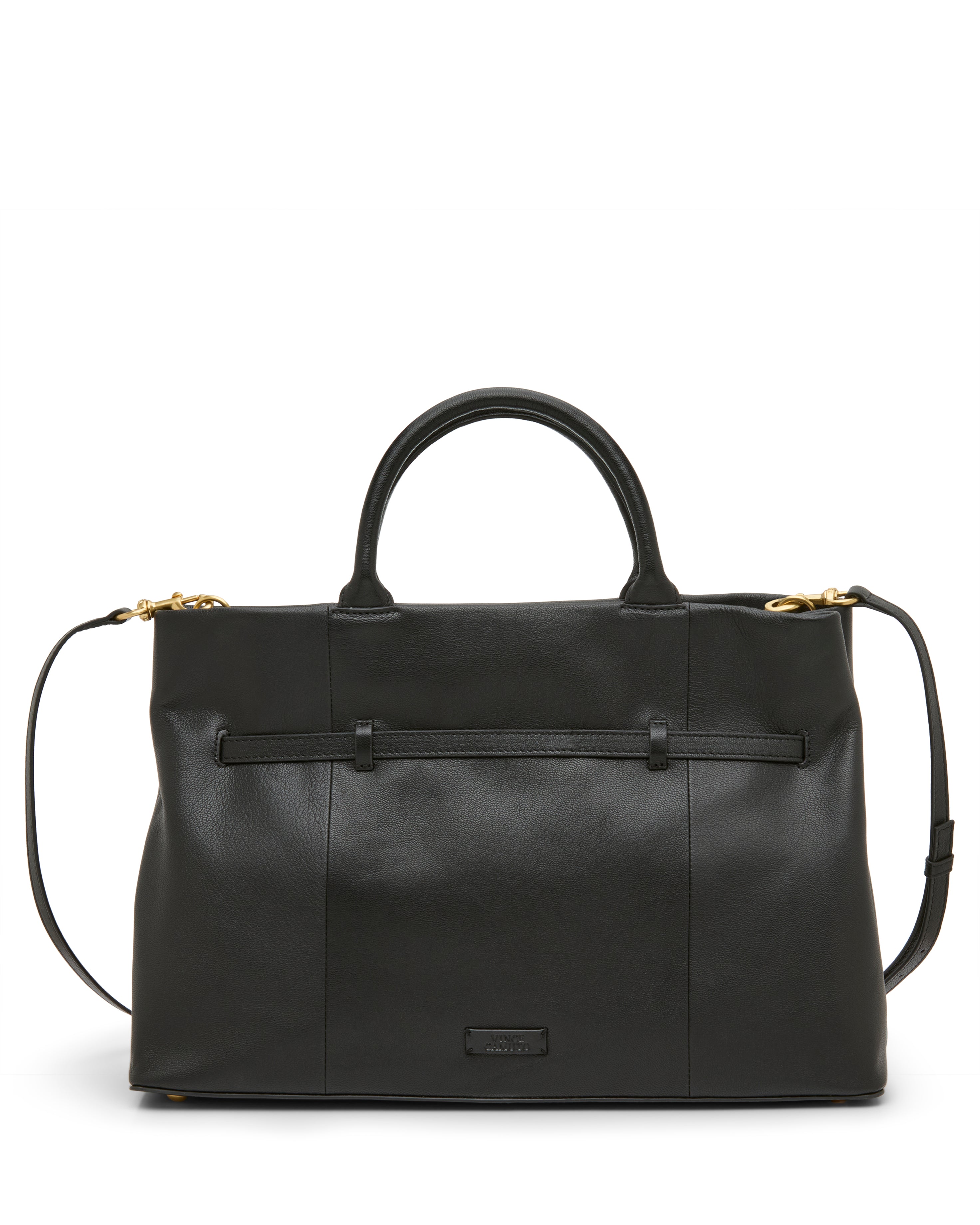 The Vince Camuto Rilah Satchel Bag is a black leather handbag featuring two handles, a detachable shoulder strap, gold hardware, and a simple, structured design.