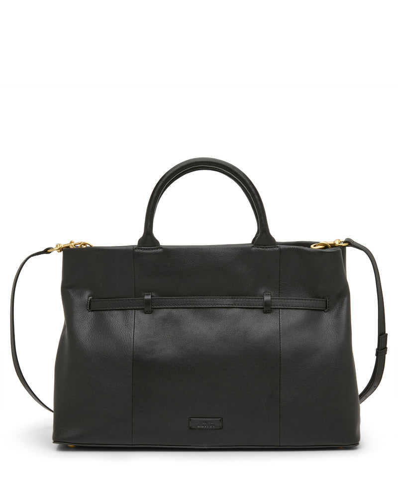 The Vince Camuto Rilah Satchel Bag is a black leather handbag featuring two handles, a detachable shoulder strap, gold hardware, and a simple, structured design.