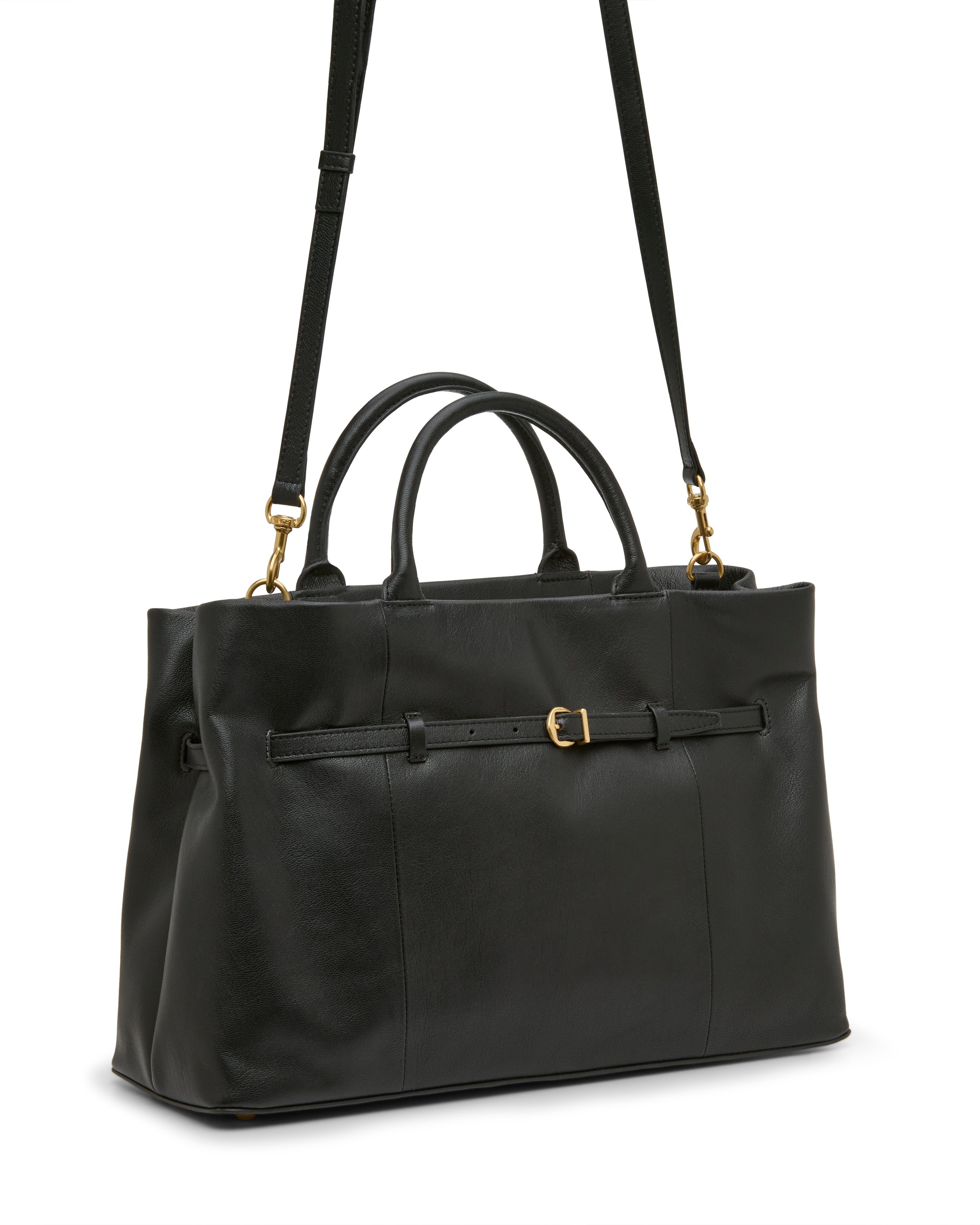 The Vince Camuto Rilah Satchel Bag is a structured, rectangular black leather handbag with two short handles, a detachable adjustable shoulder strap, and a decorative belt detail with a gold buckle on the front.