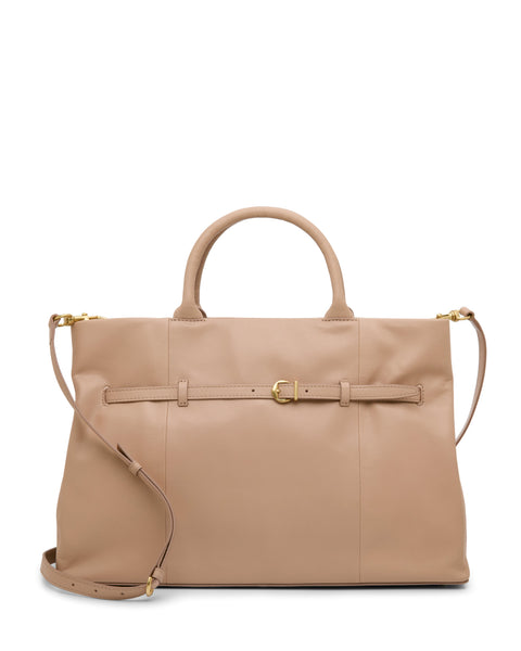 The Vince Camuto Rilah Satchel Bag is a spacious beige leather tote featuring a top handle, adjustable shoulder strap, and a front decorative belt detail with a small gold buckle.