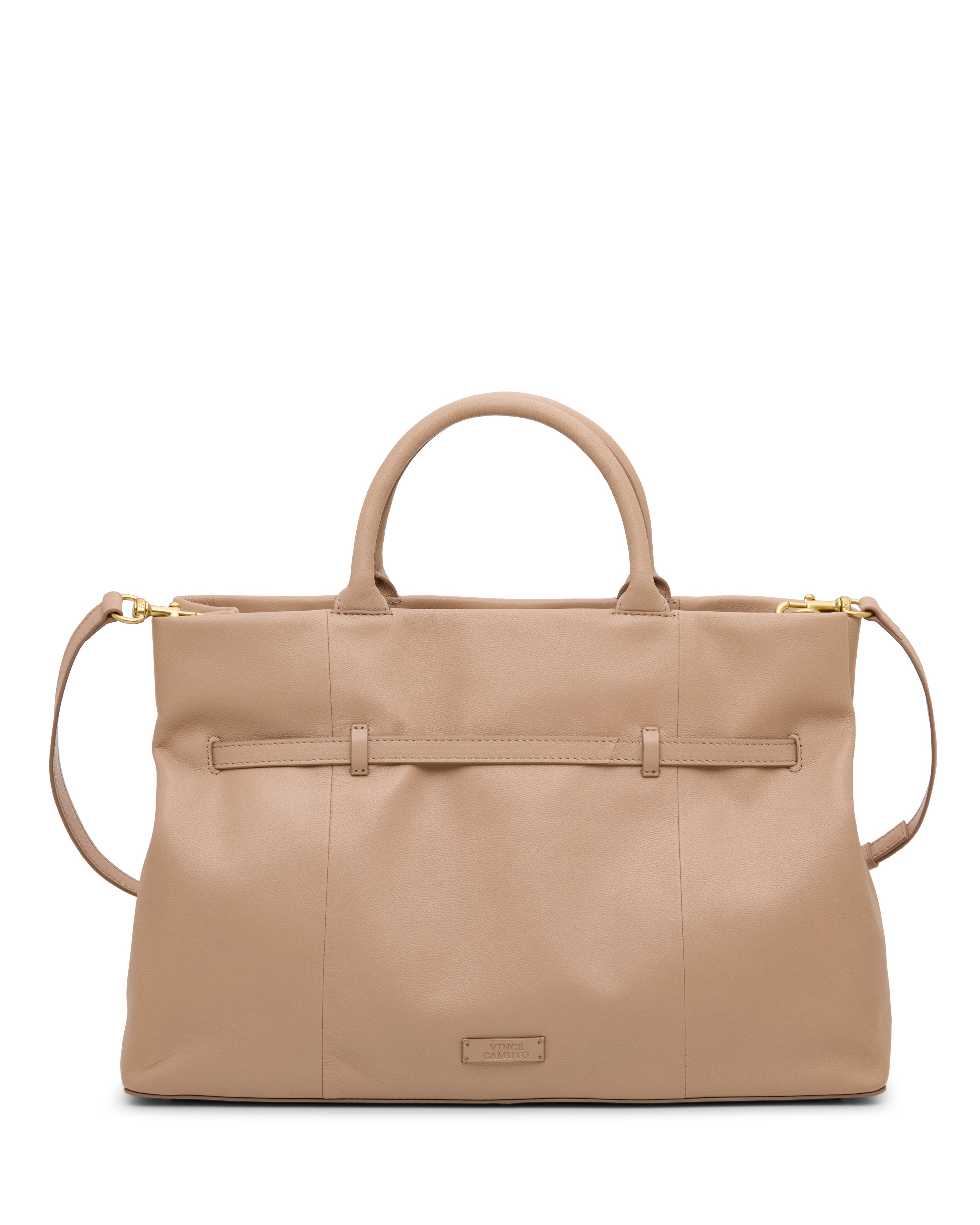 The Vince Camuto Rilah Satchel Bag is a large beige leather handbag with rounded handles, a detachable shoulder strap, and gold hardware. Featuring a minimal, elegant design, it has a subtle brand tag on the front.