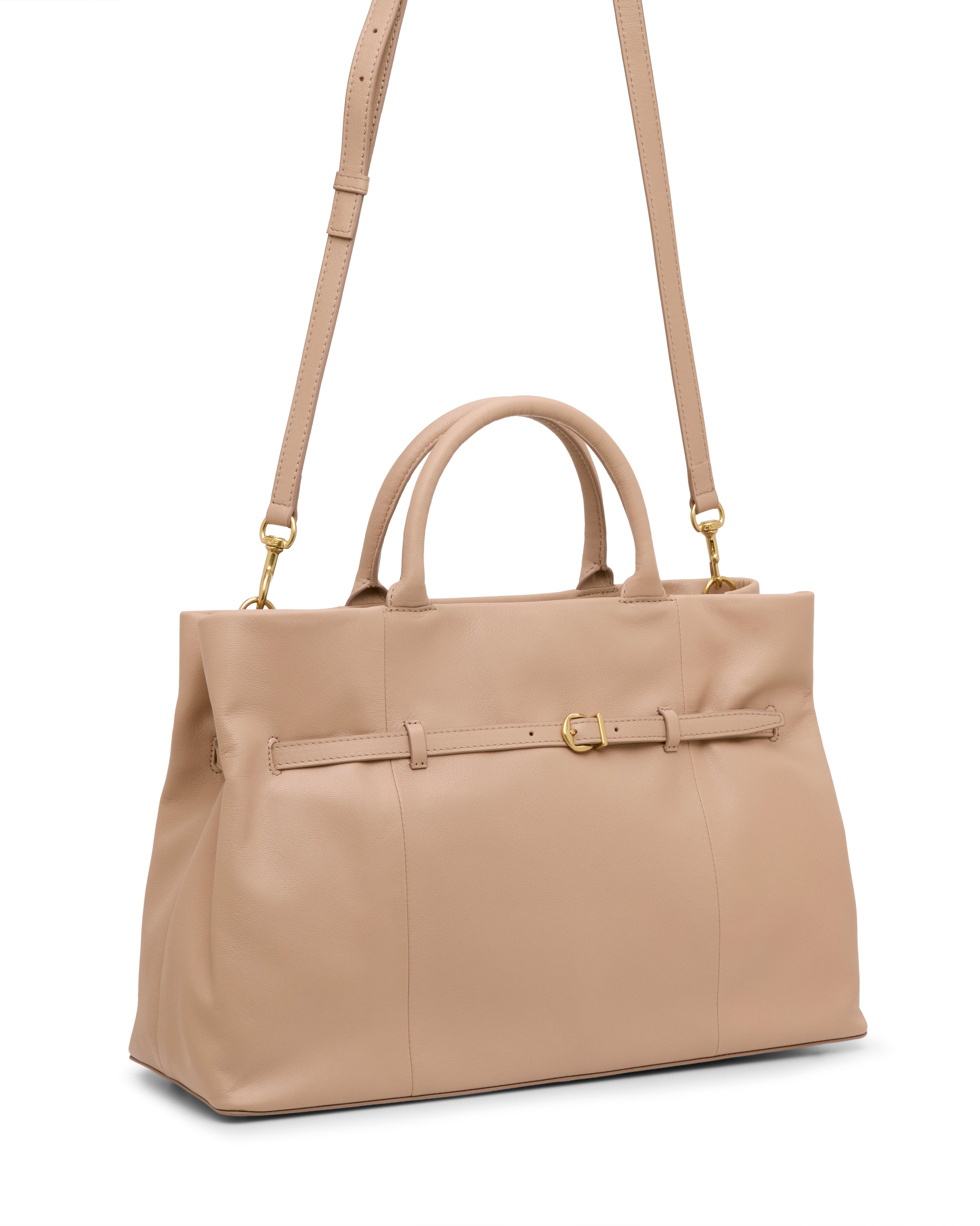 The Vince Camuto Rilah Satchel Bag is a beige leather handbag featuring dual handles, a detachable shoulder strap, gold-tone hardware, and a slim decorative belt detail across the front.