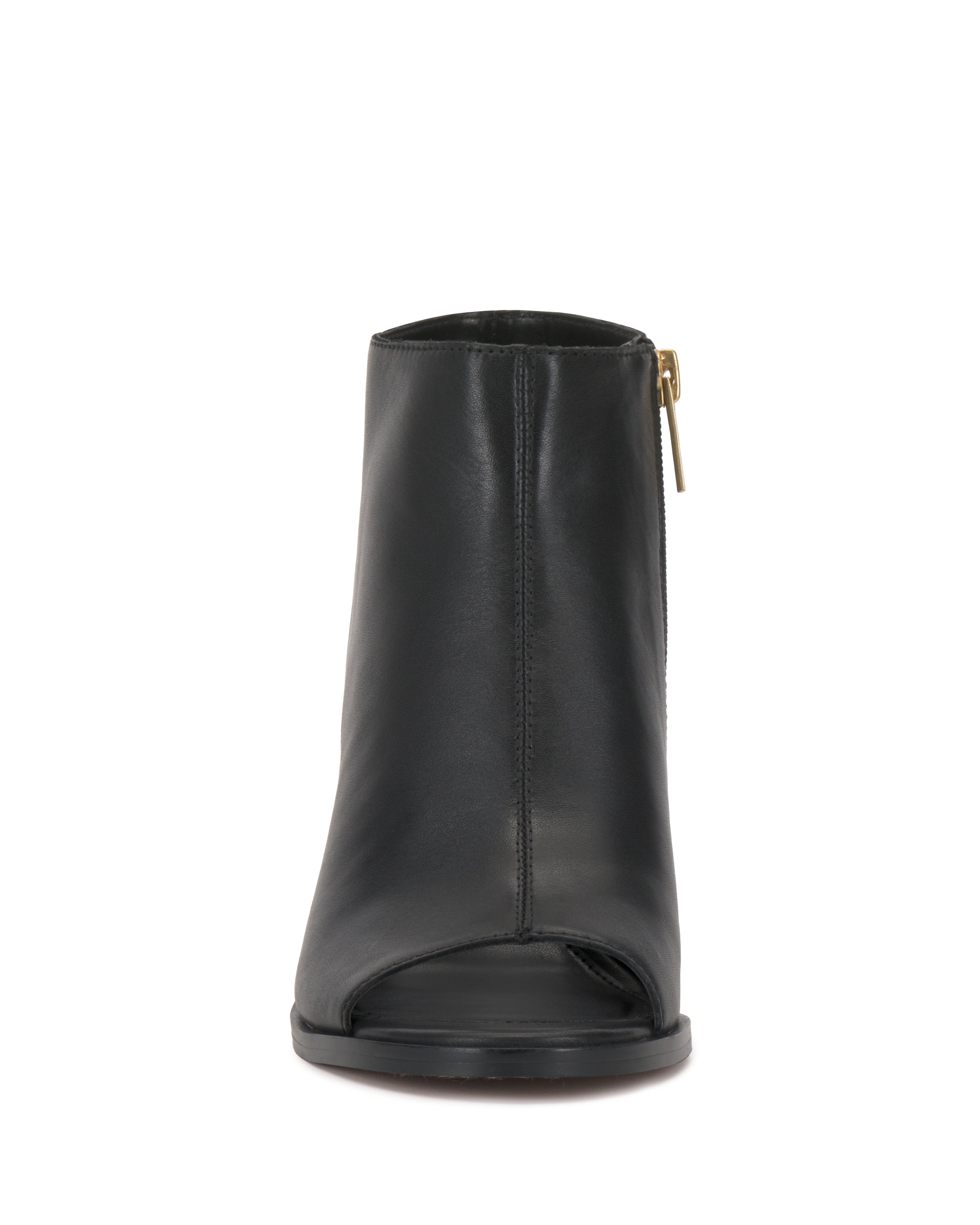 Front view of the Vince Camuto Rimdia Sandal—a black leather peep-toe bootie with a side zipper and gold pull, featuring a chic block heel—shown against a white background.