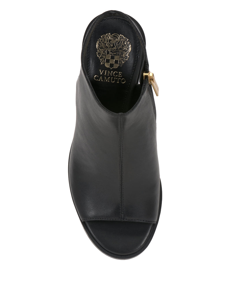 Top view of the black Rimdia Sandal by Vince Camuto featuring a peep toe, chic block heel, gold side zipper, and an insole with the gold Vince Camuto logo and crest.