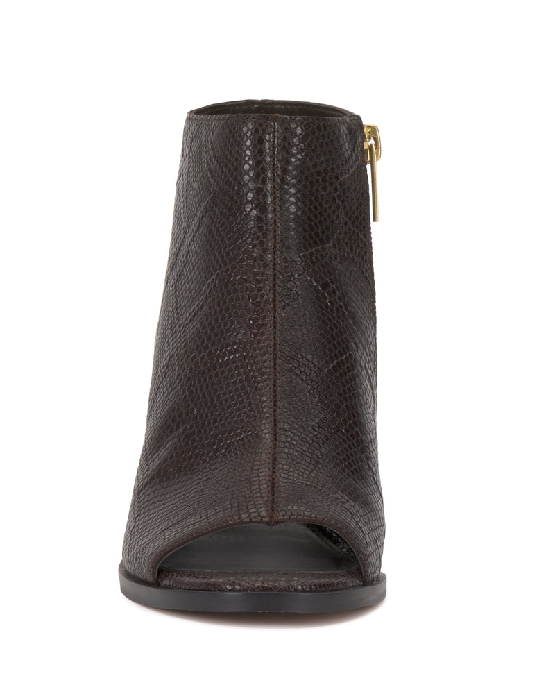The Vince Camuto Rimdia Sandal features a dark brown, textured snakeskin pattern, a peep toe, visible gold side zipper, and a stylish block heel for added sophistication.