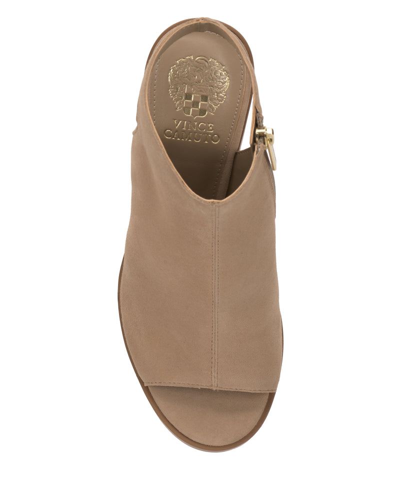 Top view of the Vince Camuto Rimdia Sandal—tan, open-toe slingback with side buckle strap, gold Vince Camuto branding on the insole, and subtle peep-toe detailing.