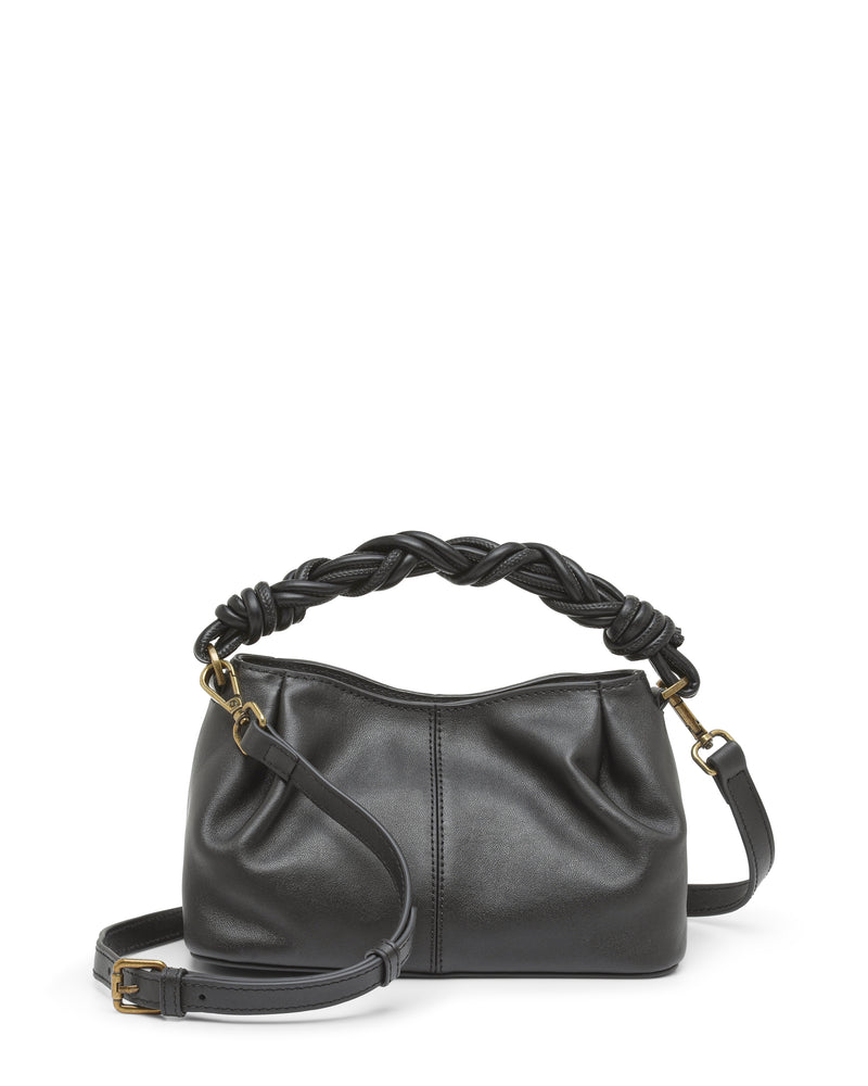 The Vince Camuto Sadyy Crossbody Bag is a chic women’s accessory crafted from black leather, featuring a decorative braided handle, an adjustable shoulder strap, and gold-tone hardware. Its softly structured shape adds effortless sophistication to any outfit.