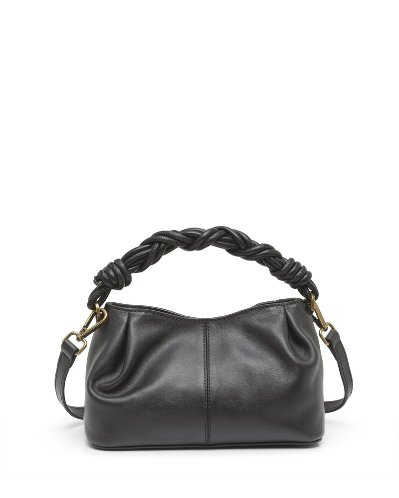 The Vince Camuto Sadyy Crossbody Bag is a black leather handbag featuring a braided handle, gold hardware, and a detachable shoulder strap. Showcased against a white background, this modern crossbody seamlessly blends classic elegance with versatile functionality.