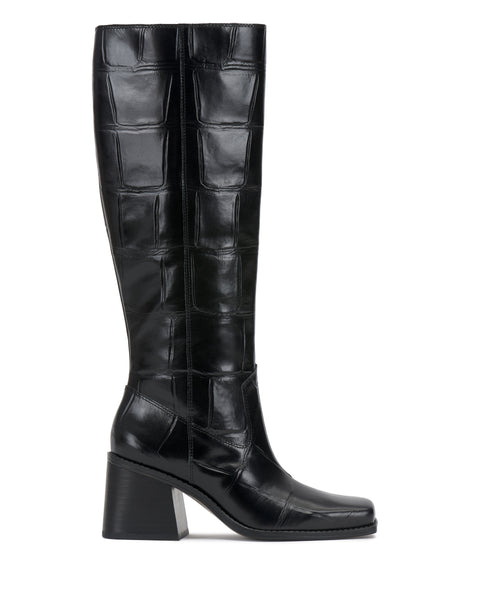 Introducing the Sangeti Narrow Calf Boot by Vince Camuto—a tall, black leather knee-high boot showcasing a square toe and chunky high heel, complemented by a subtle stitched pattern along the shaft and foot.