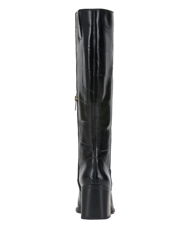 Back view of the Vince Camuto Sangeti Narrow Calf Boot, a tall black faux-crocodile leather style with a mid-high block heel and side zipper, shown against a white background.