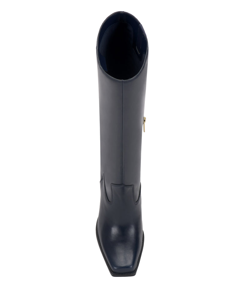 A top view of the Vince Camuto Sangeti Narrow Calf Boot in navy blue, featuring a square toe, decorative seam pattern, and a stylish block heel, displayed against a white background.