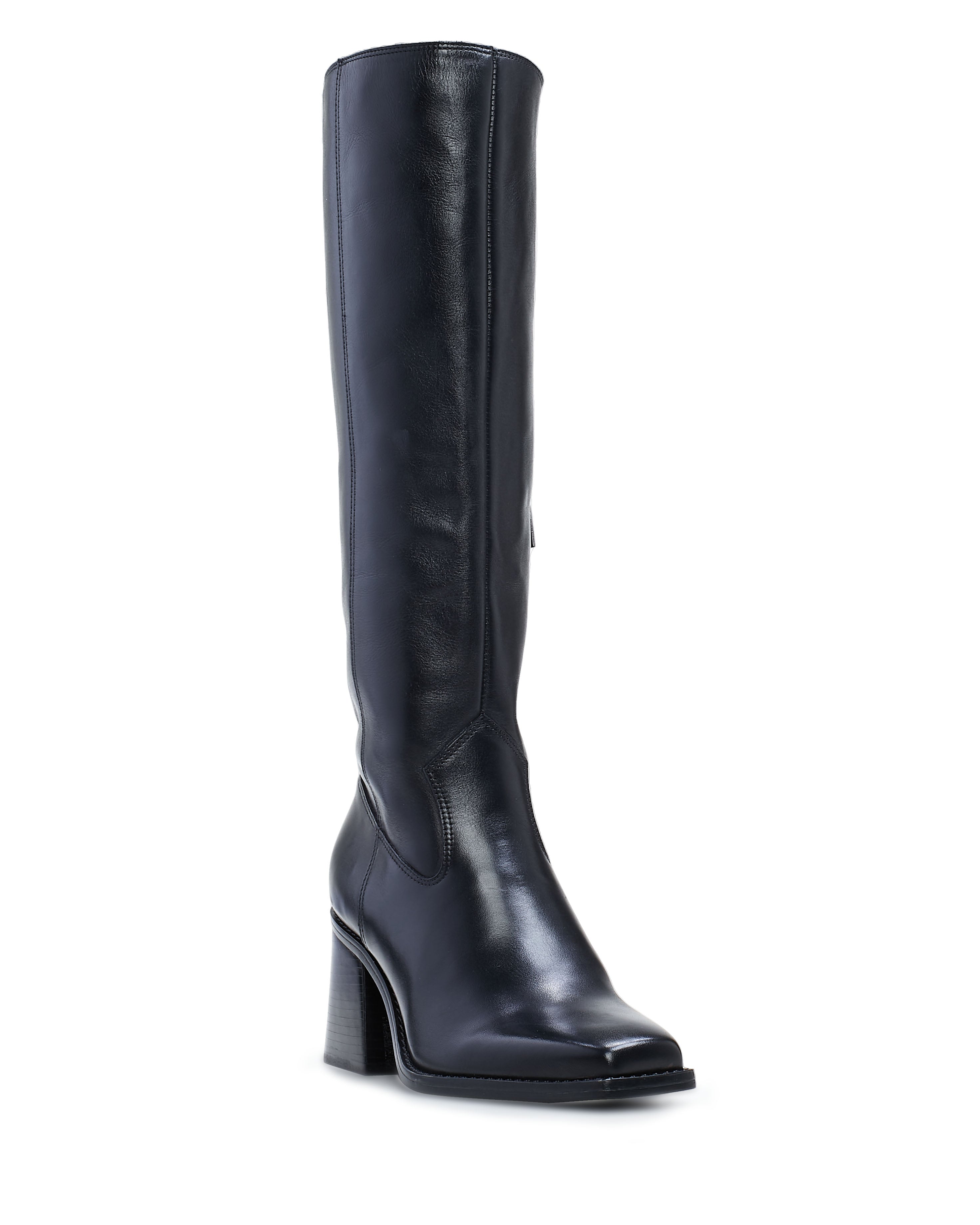 The Vince Camuto Sangeti Extra Wide Calf Boot is a black knee-high leather boot with a square toe and chunky block heel, displayed at a slight angle on a white background.