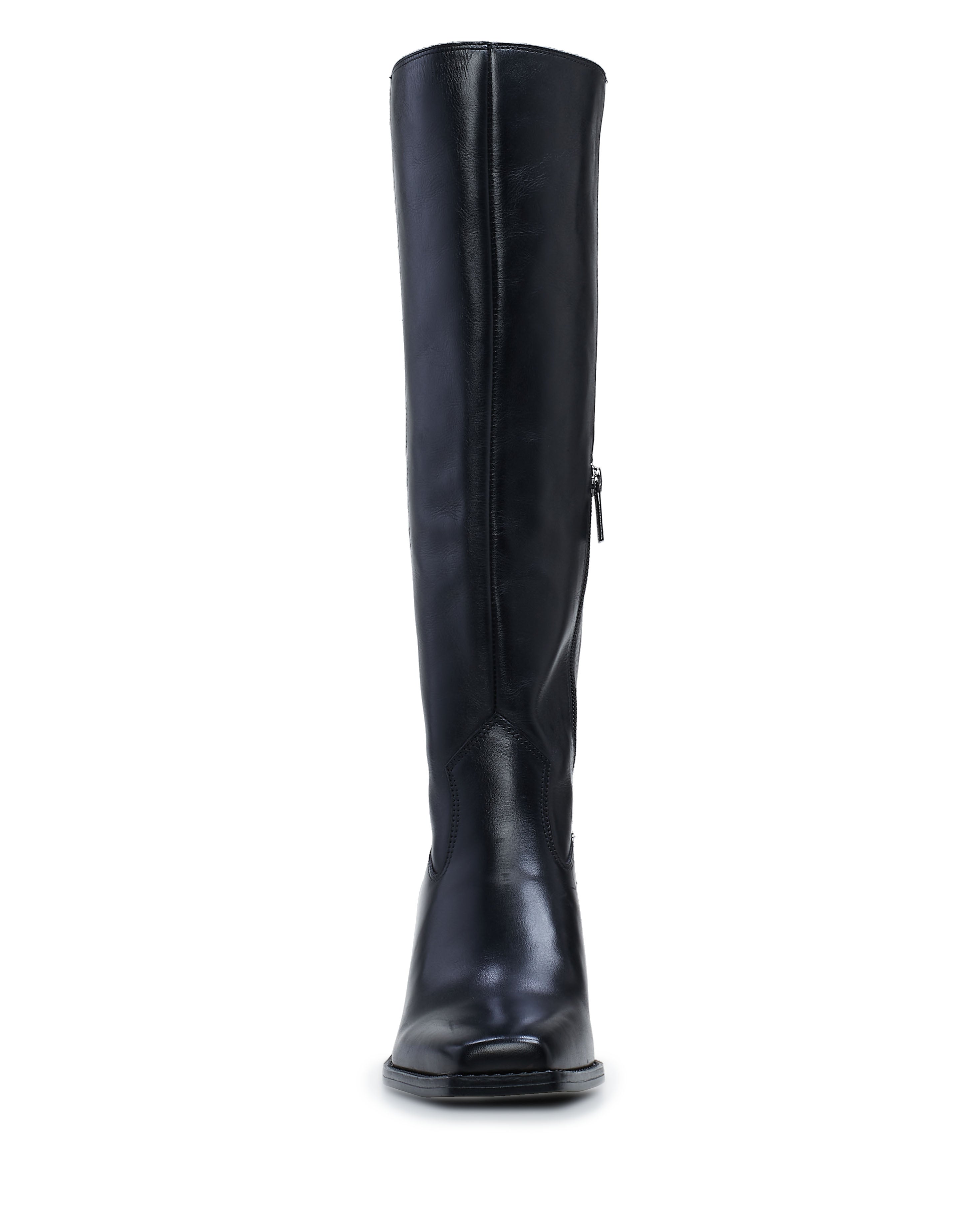 Front view of the Vince Camuto Sangeti Extra Wide Calf Boot in sleek black leather with a slight shine, square toe, and side zipper—ideal for a stylish knee-high look.