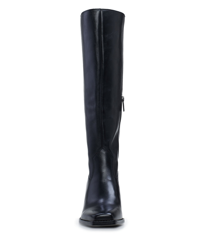 Front view of the Vince Camuto Sangeti Extra Wide Calf Boot in sleek black leather with a slight shine, square toe, and side zipper—ideal for a stylish knee-high look.