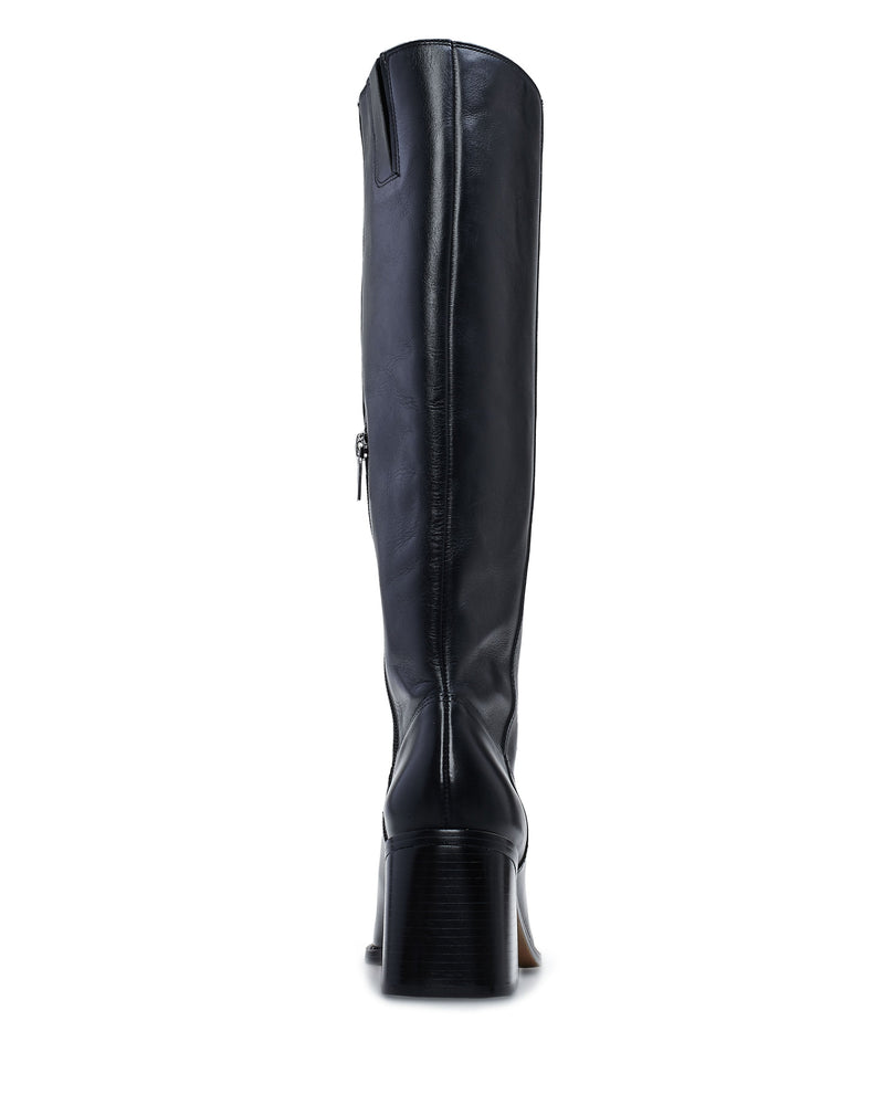 The Sangeti Extra Wide Calf Boot by Vince Camuto is a tall black leather square toe boot with a block heel, featuring back zipper and seam details for a modern, elegant touch.