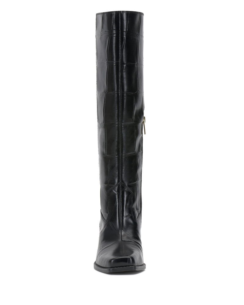 Front view of the Vince Camuto Sangeti Extra Wide Calf Boot— a tall, black leather boot featuring a subtle textured pattern and a side zipper on the inner shaft, designed with a square toe and flat sole.
