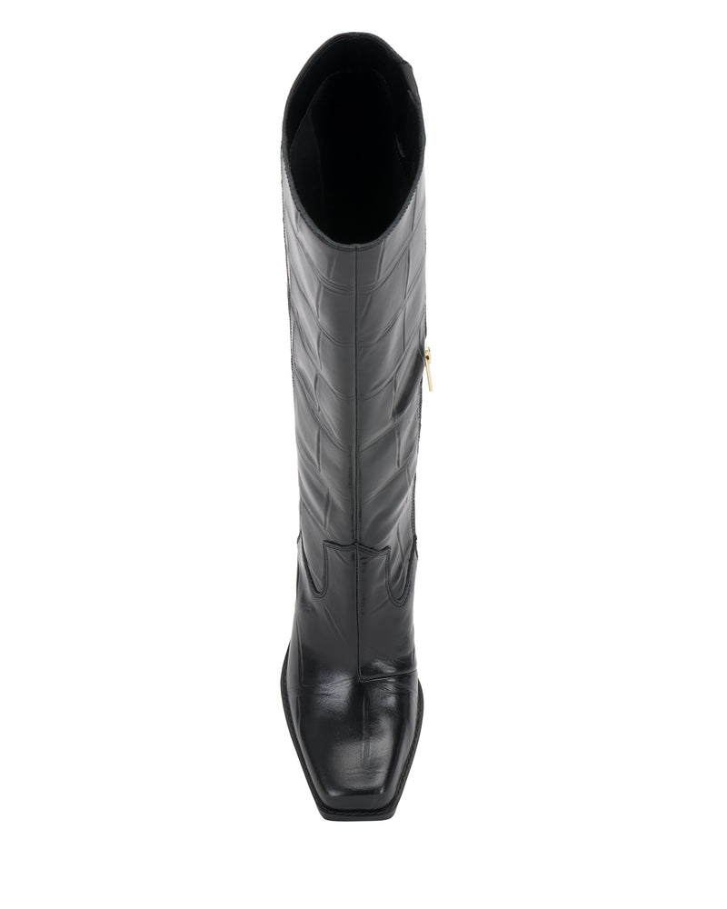 The image displays the Sangeti Extra Wide Calf Boot by Vince Camuto—a single black leather knee-high boot with a square toe and visible stitching details, shown from a top-down view on a white background.