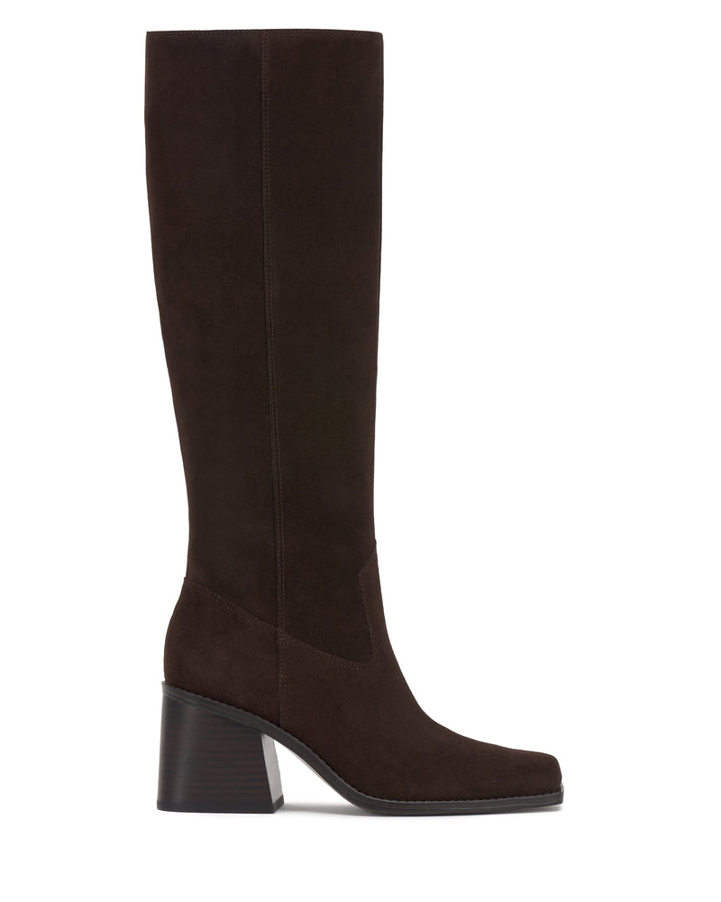 The Sangeti Extra Wide Calf Boot by Vince Camuto is a tall, dark brown suede boot featuring a chunky block heel and a slightly squared toe, displayed in profile against a white background.