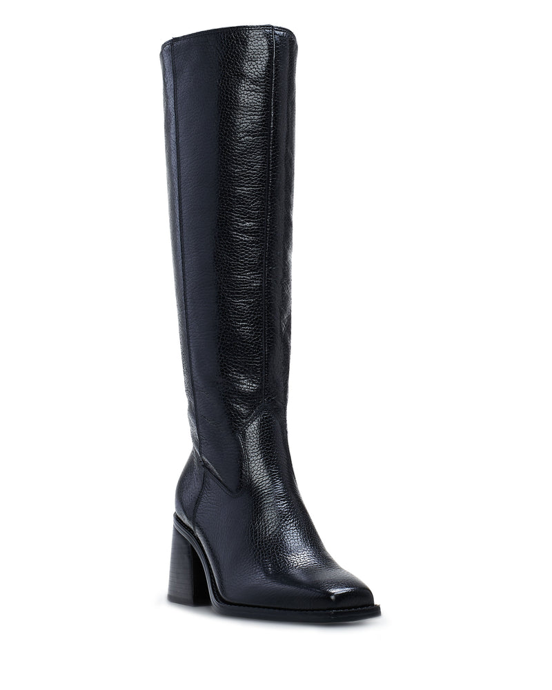 The Vince Camuto Sangeti Boot is a tall, black leather best-seller featuring a textured finish, rounded toe, and chunky high heel, shown against a white background.
