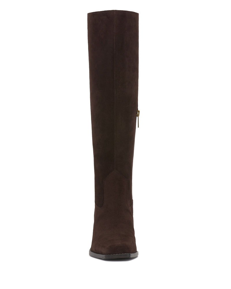 Front view of the Vince Camuto Sangeti Boot, a best-seller with a tall dark brown suede silhouette, low heel, and side zipper for easy wear.