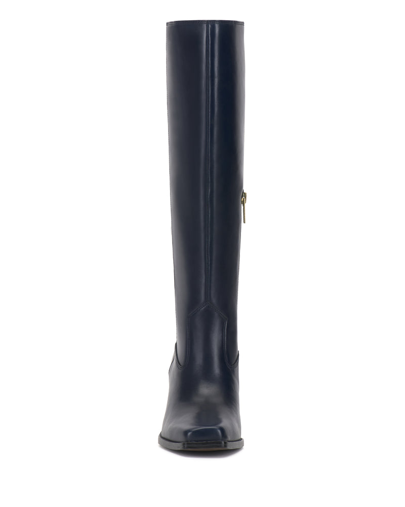 Front view of the Sangeti Boot by Vince Camuto, a tall, dark navy blue knee-high boot featuring a block heel and a side zipper, photographed against a white background. This stylish boot is available in multiple calf widths for the perfect fit.