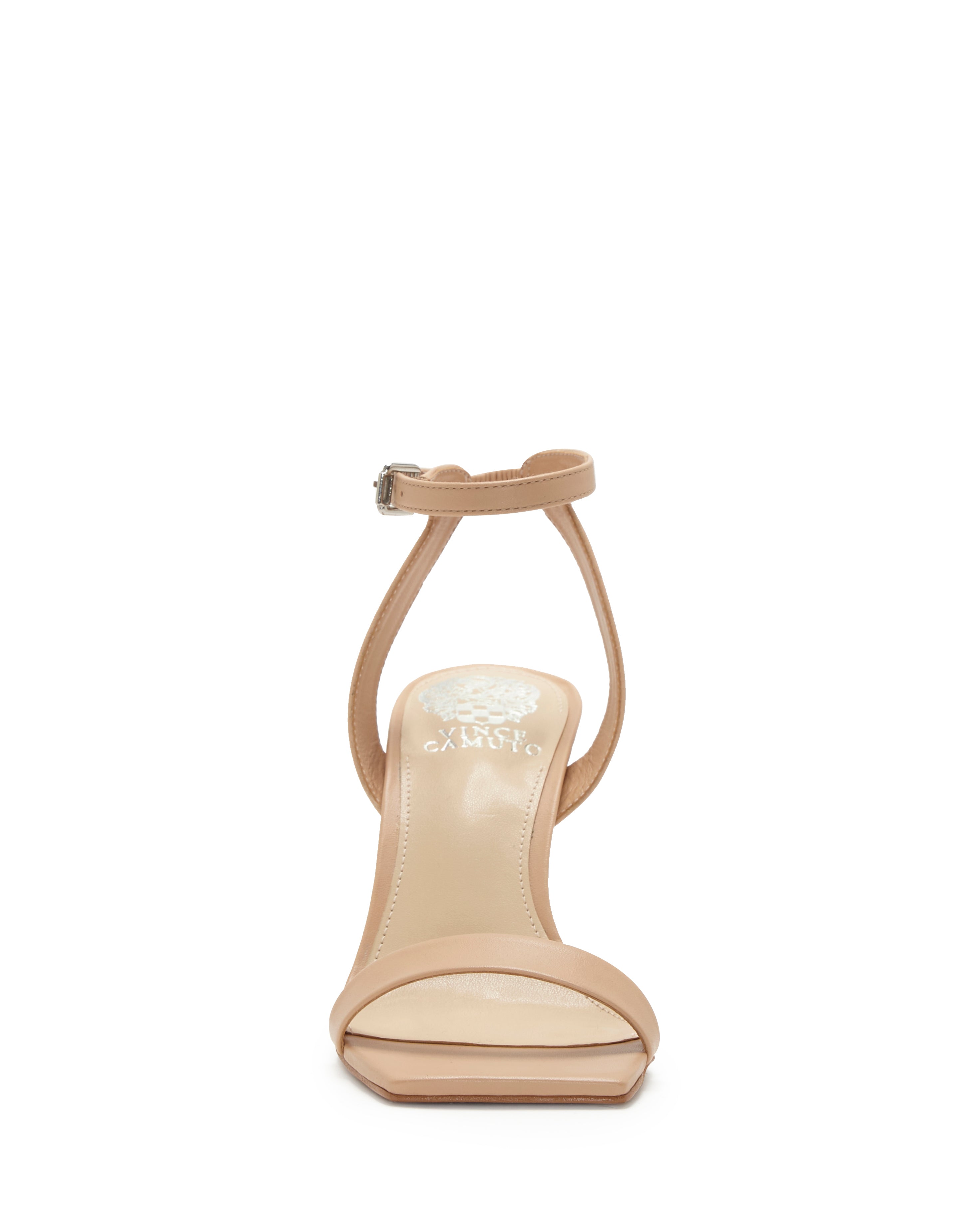 The Saprenda Sandal by Vince Camuto is a nude open-toe high heel with a single toe strap and an ankle strap with a small buckle.