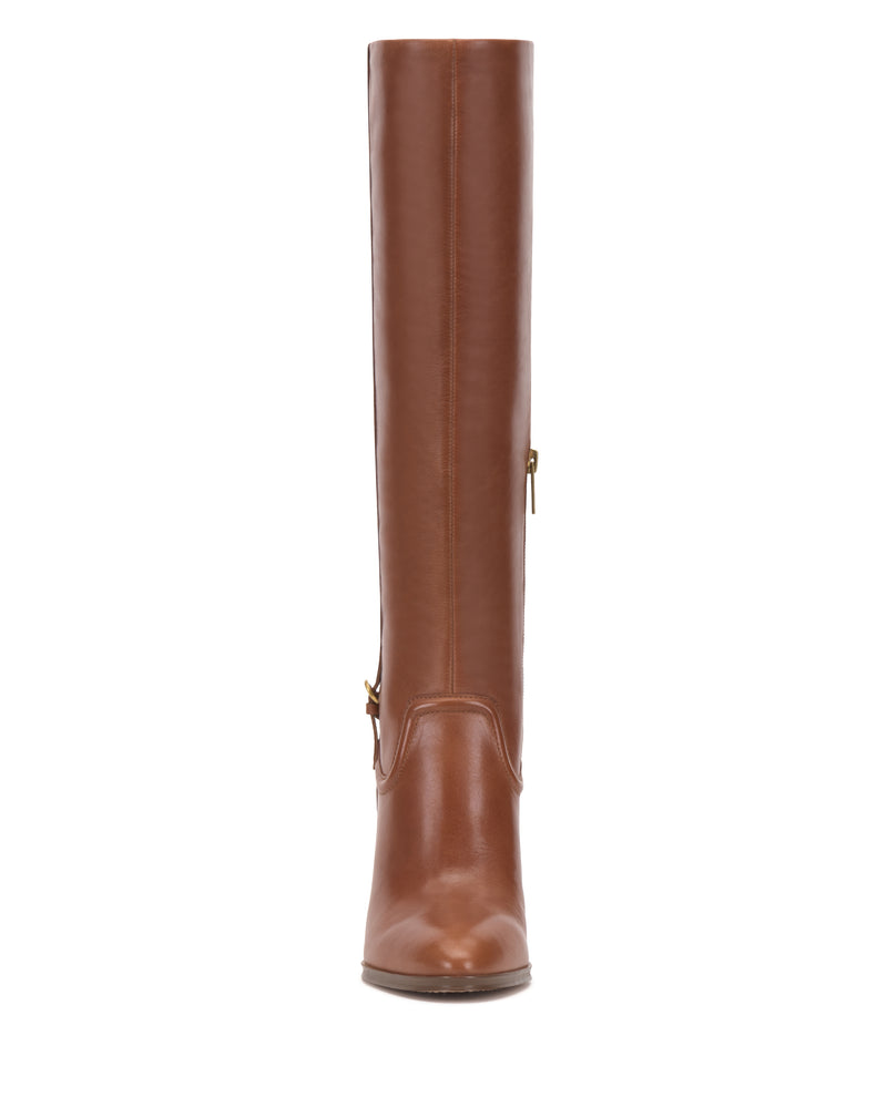 Front view of the Vince Camuto Sareya Wide Calf Knee High Boot in brown leather, featuring a rounded toe and a side zipper.