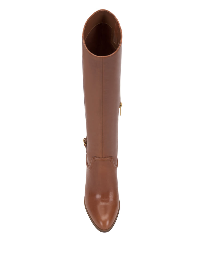 Top view of the Vince Camuto Sareya Wide Calf Knee High Boot in brown leather, featuring a pointed toe and side zipper, displayed on a white background.