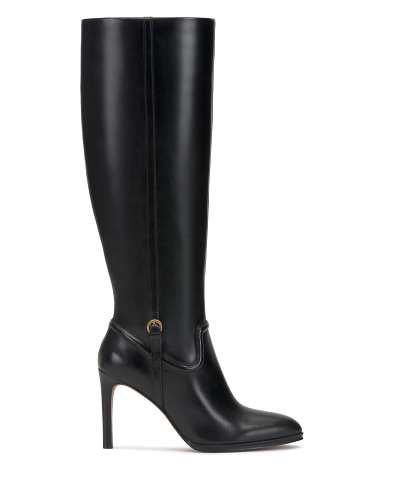 Introducing the Sareya Extra Wide Calf Knee High Boot by Vince Camuto—a black, knee-high boot with a rounded toe and slim heel, accented by a small decorative gold buckle near the ankle.