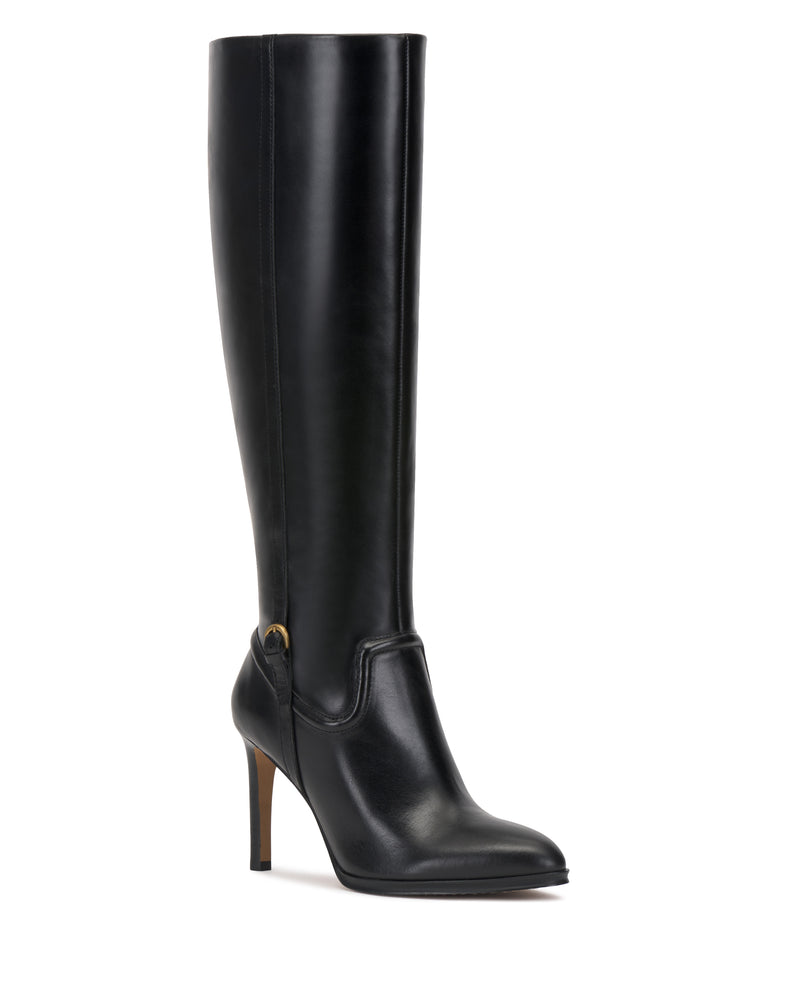 The Sareya Extra Wide Calf Knee High Boot by Vince Camuto is a black leather knee-high boot with a pointed toe, a heeled design, and a brown sole, displayed against a white background.