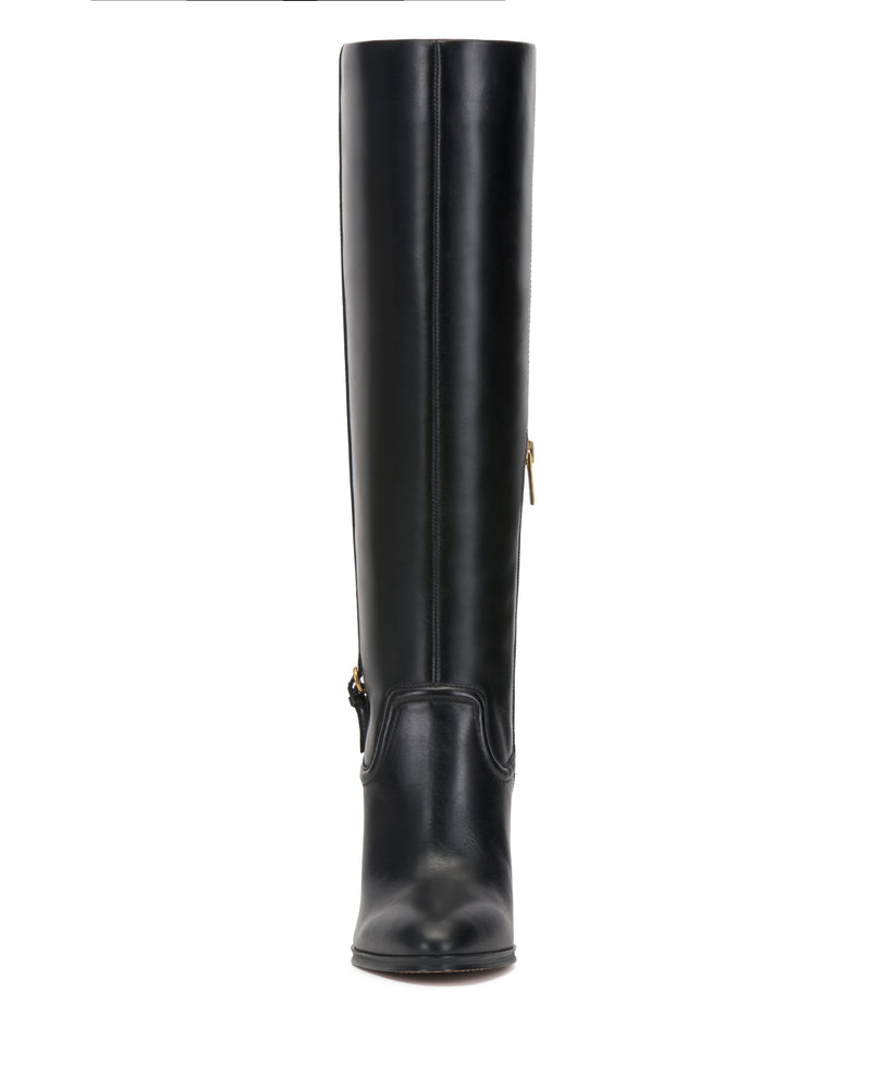 A single Sareya Extra Wide Calf Knee High Boot by Vince Camuto, featuring a tall black leather design with a zipper and decorative stitching, is shown from the front against a white background.