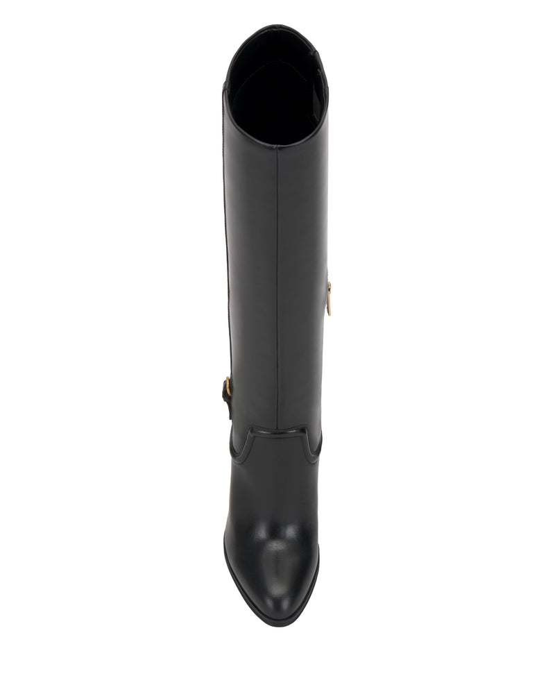 Top view of a single Sareya Extra Wide Calf Knee High Boot by Vince Camuto in black, featuring a pointed toe and a side buckle detail, displayed on a white background.