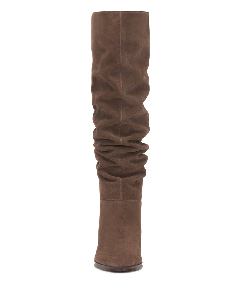 Front view of a single Sorina Wide Calf Knee High Boot by Vince Camuto, crafted in brown suede with a ruched slouchy design and rounded toe, styled as a classic knee-high boot against a plain white background.