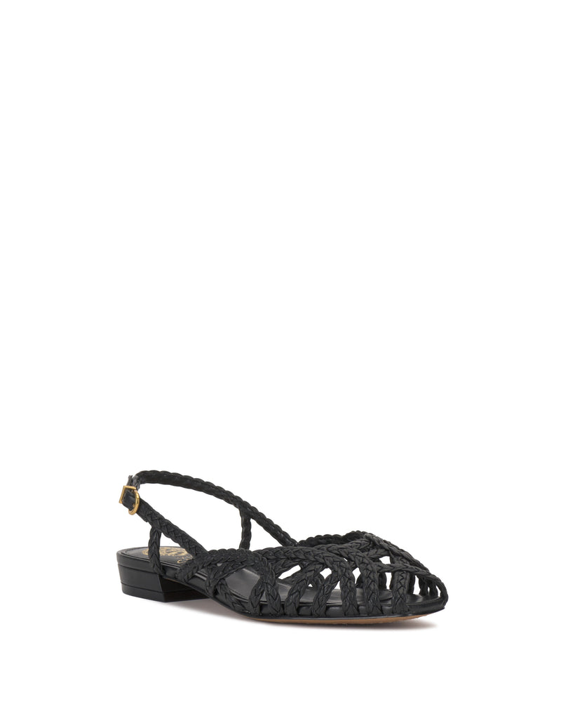 The Vince Camuto Stiorra Sandal showcases black braided details, a pointed toe, low block heel, and adjustable ankle strap, set against a plain white background.